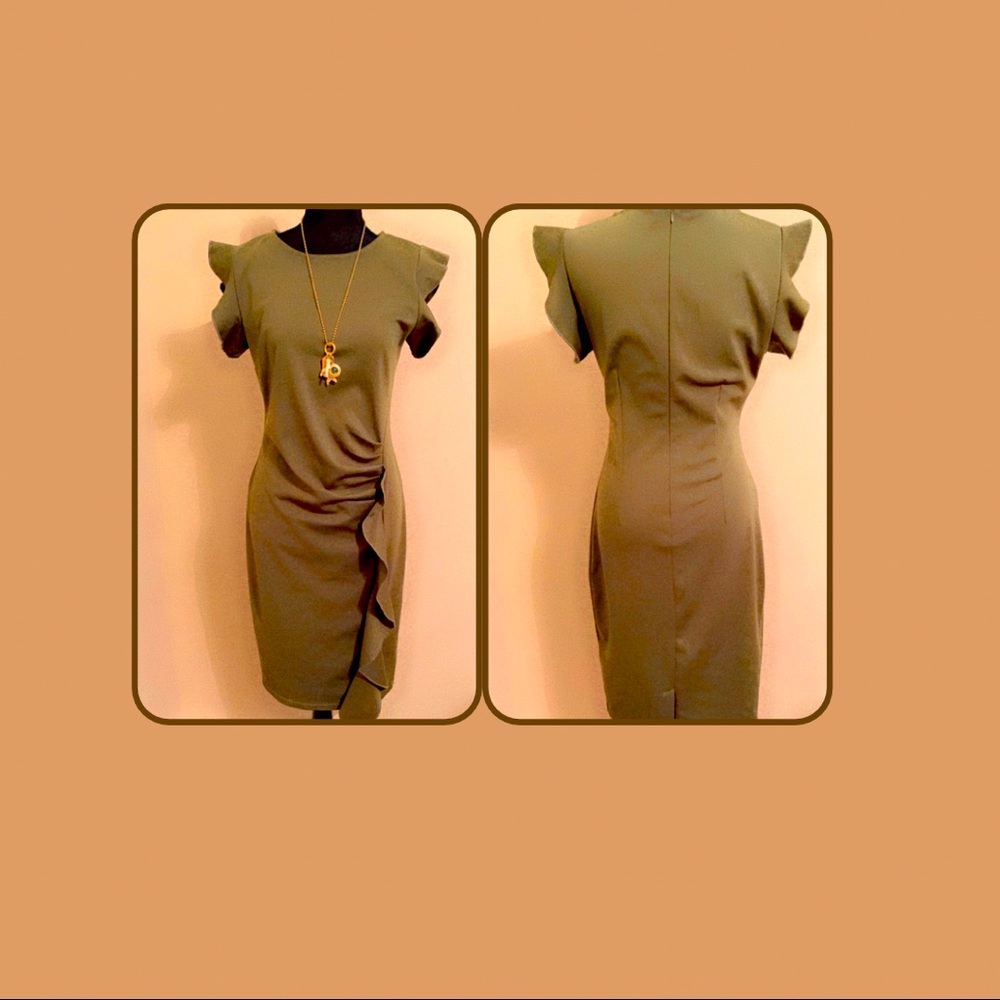 Green Ruffle Trim Rushed Dress